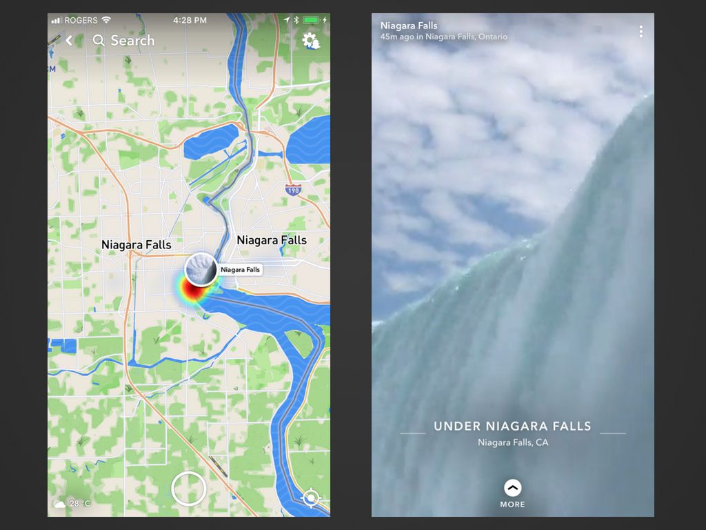 Duas capturas de tela do Snap Map no aplicativo Snapchat para iOS.