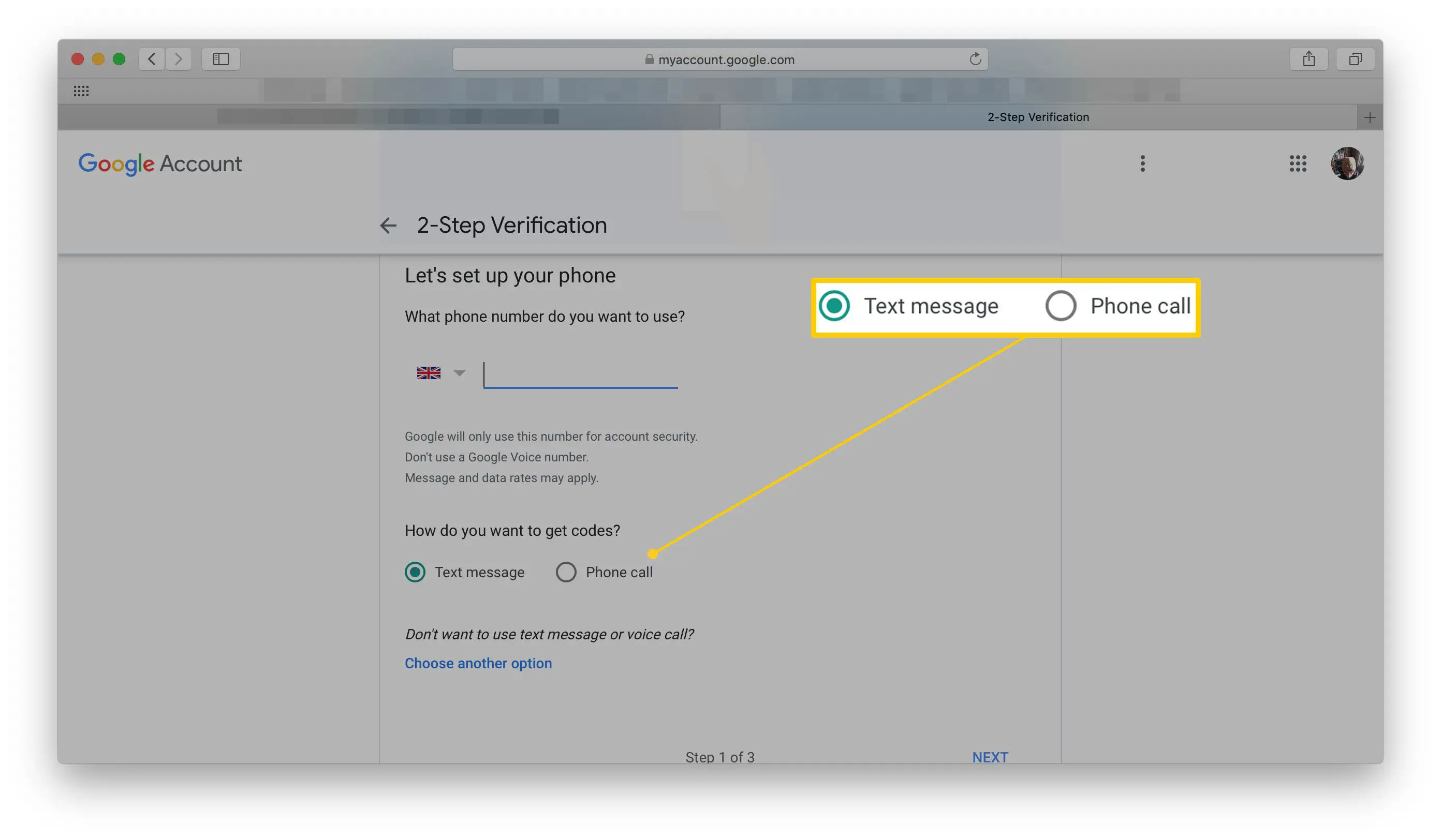 Página de verificação em duas etapas do Google - opções de mensagem de texto ou chamada telefônica destacadas