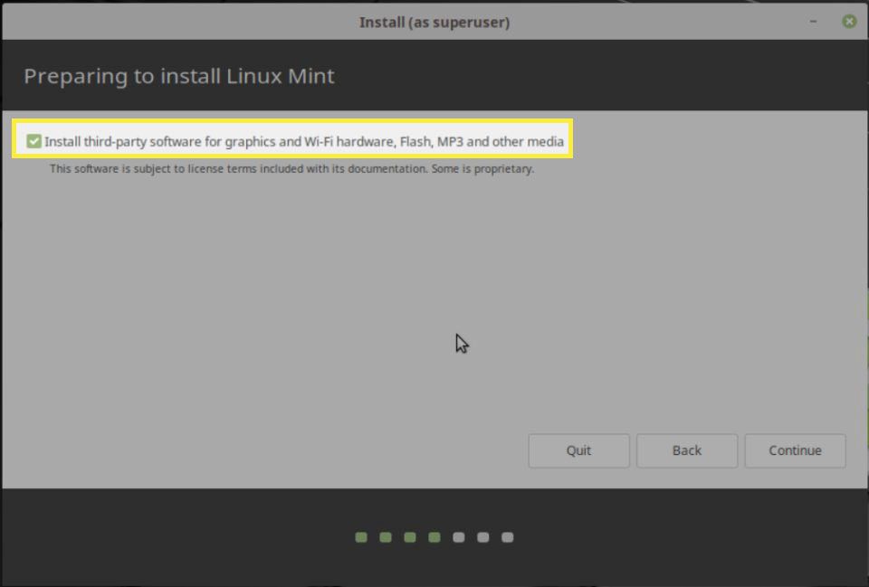 Opção de software de terceiros do instalador do Linux Mint