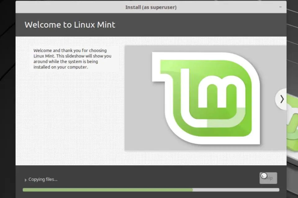 Progresso do instalador do Linux Mint