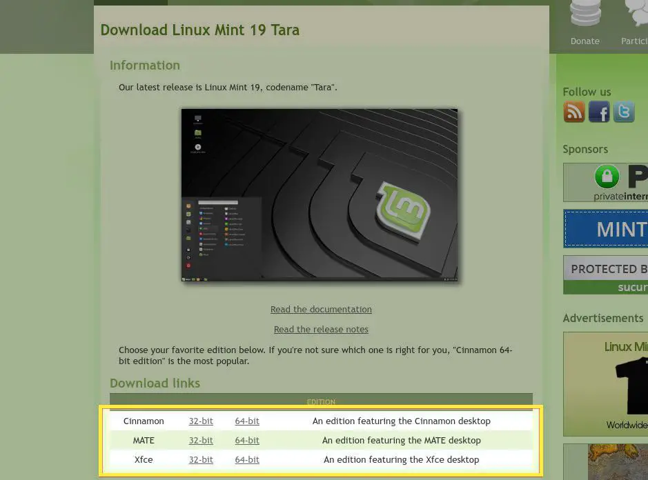 Página de download do Linux Mint