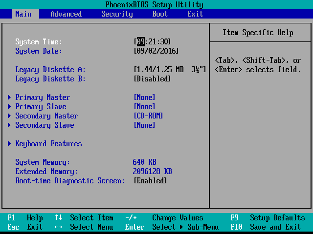 Um exemplo do menu principal do BIOS Setup Utility