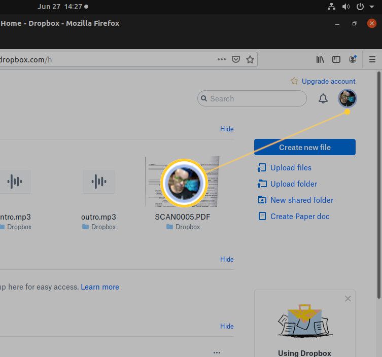 Captura de tela do botão de perfil do Dropbox.