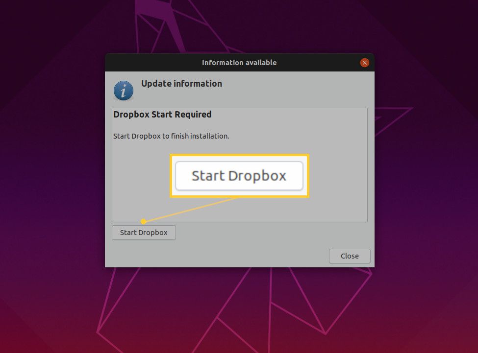 Captura de tela do botão Iniciar Dropbox.