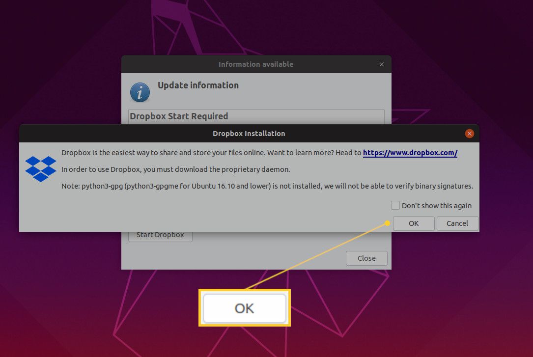Captura de tela do instalador do daemon do Dropbox.