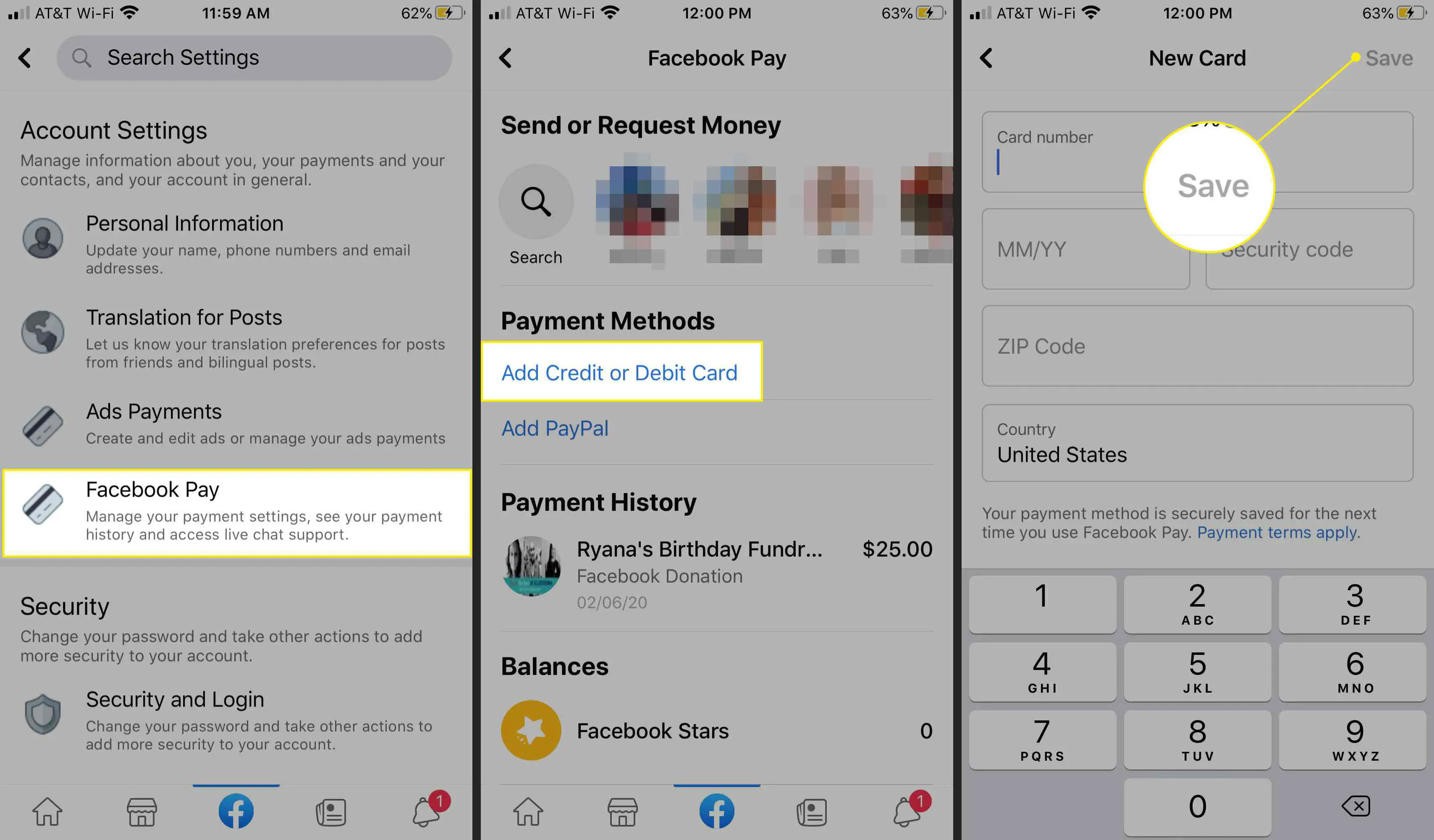 Facebook Pay e adição de um cartão no Messenger