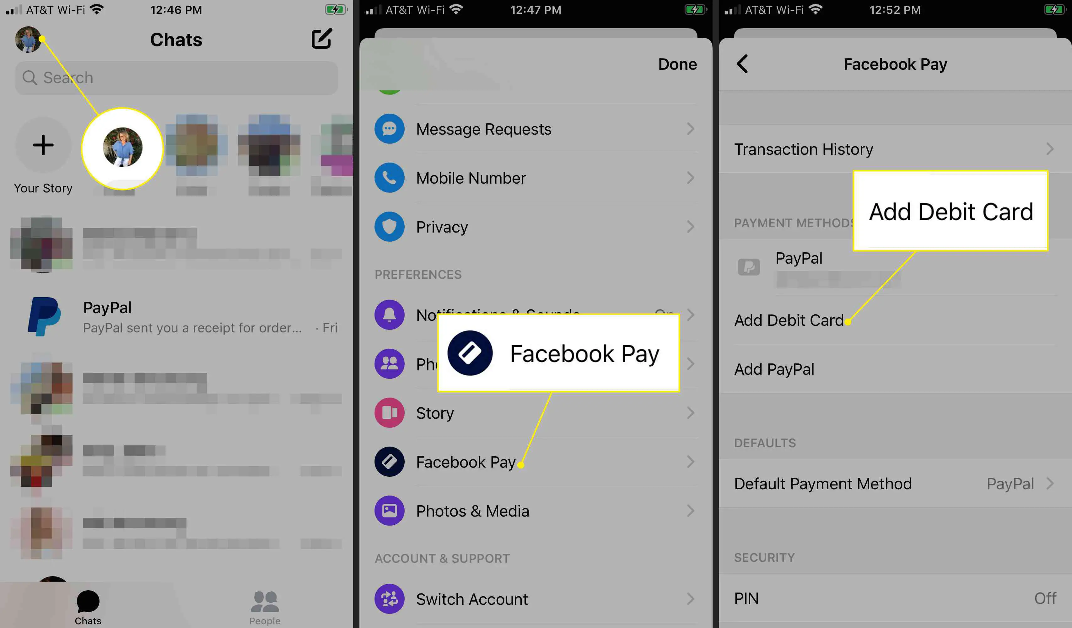 Adicionar um cartão de débito ao Facebook Pay via Messenger