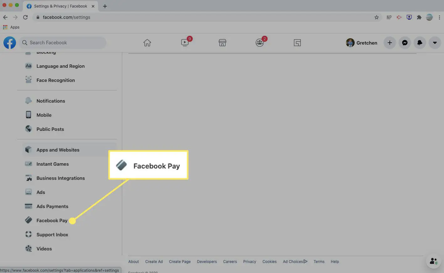 Facebook Pay em configurações de desktop