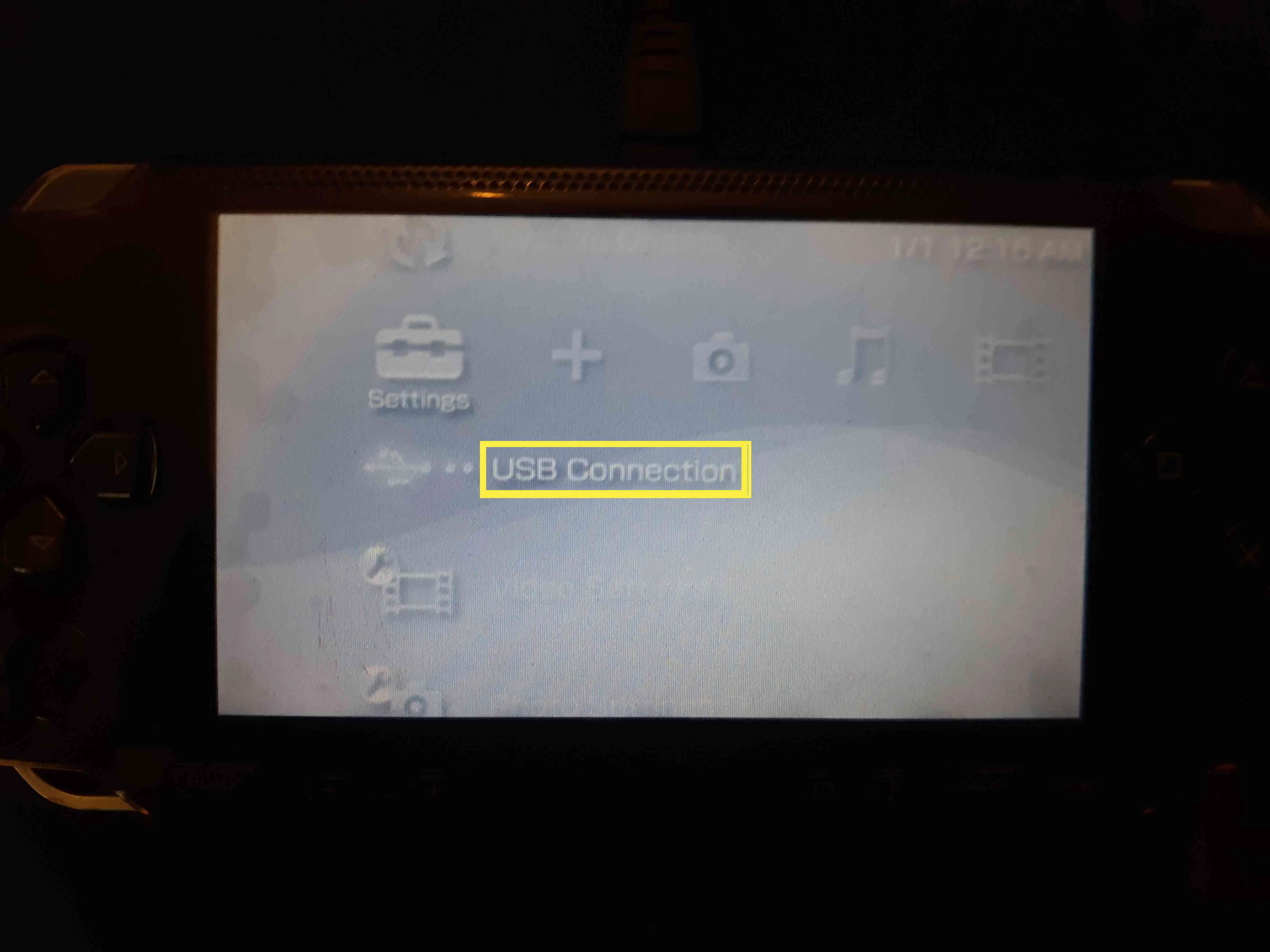 Conexão USB em Configurações no PSP