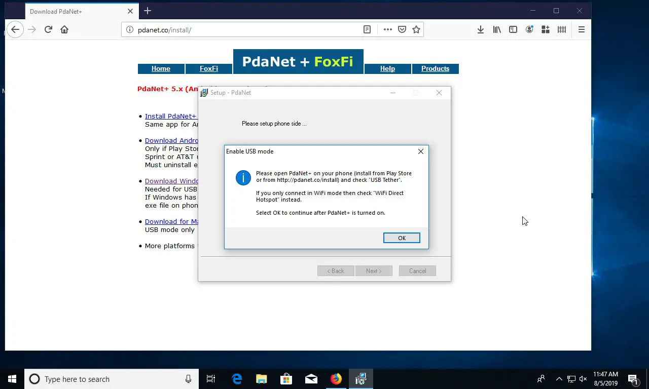 Instalação PdaNet do Windows 10 conecte Android