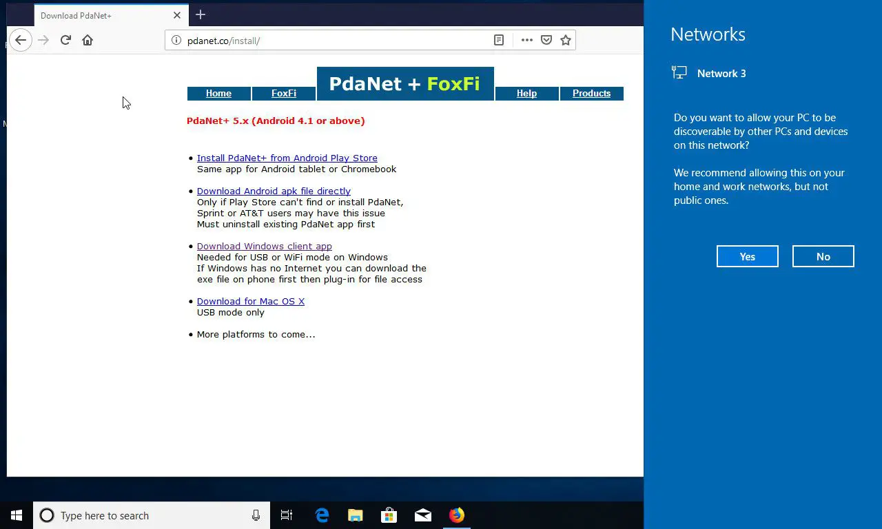 Windows 10 conectado a PdaNet +