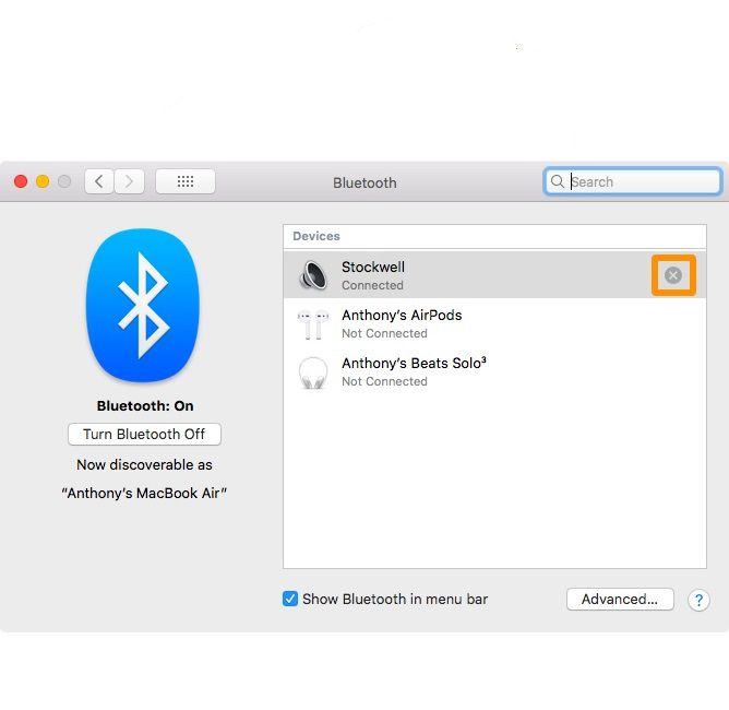 Tela de configurações de Bluetooth no macOS