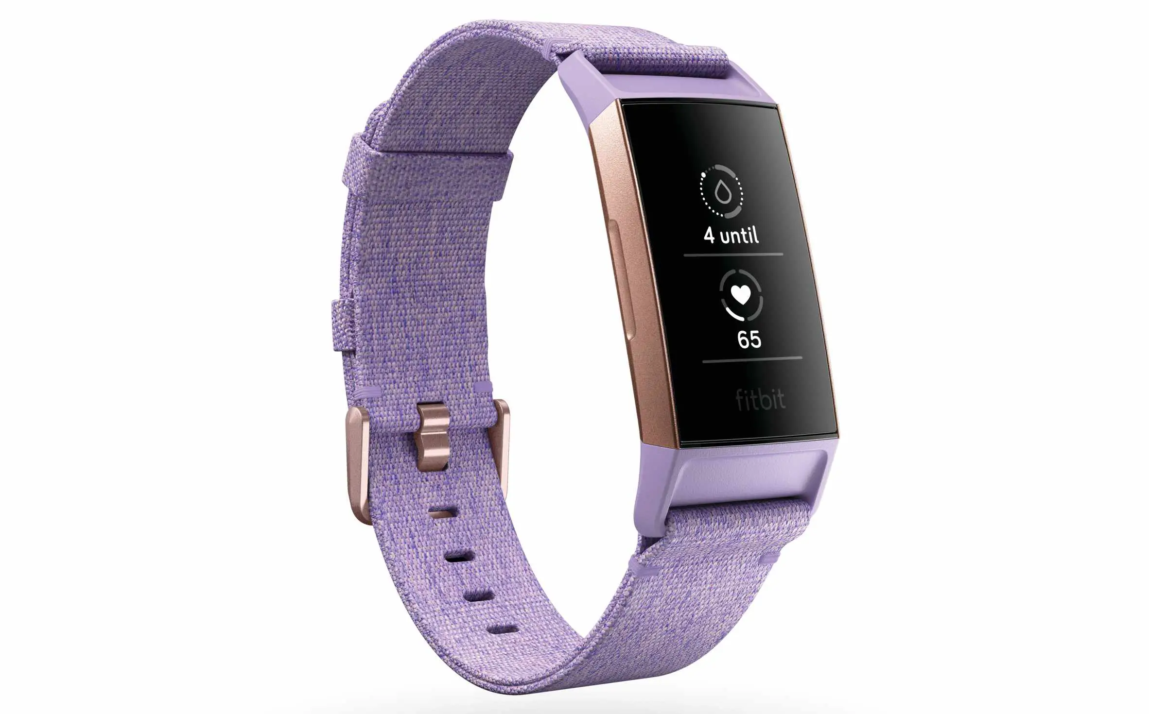 Um Fitbit Charge 3 mostrando os aplicativos de rastreamento de período e frequência cardíaca.