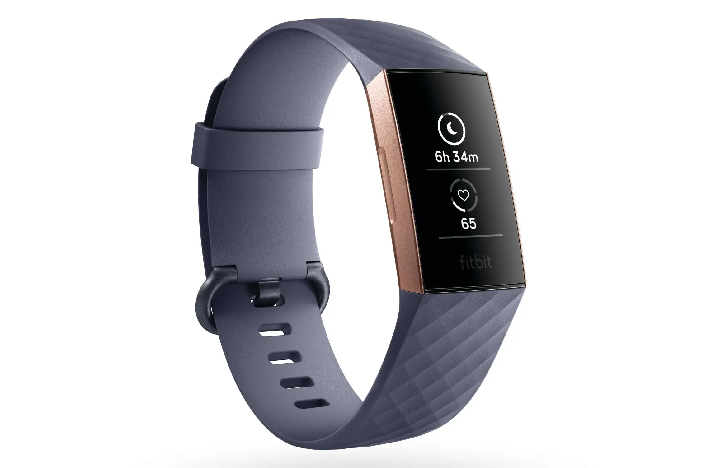 Fitbit Charge 3 mostrando aplicativos de rastreamento de sono e frequência cardíaca.