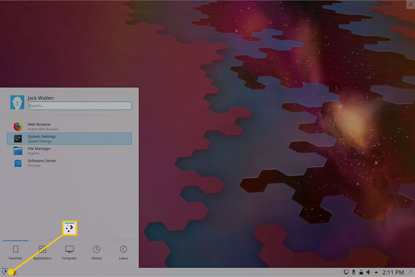 Botão do menu da área de trabalho no KDE Plasma.