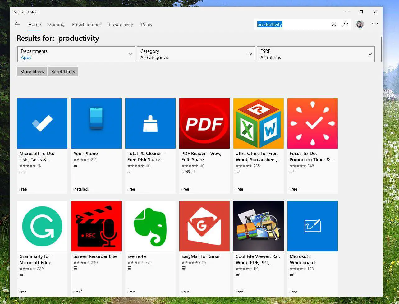 Captura de tela da pesquisa de produtividade na Microsoft Store