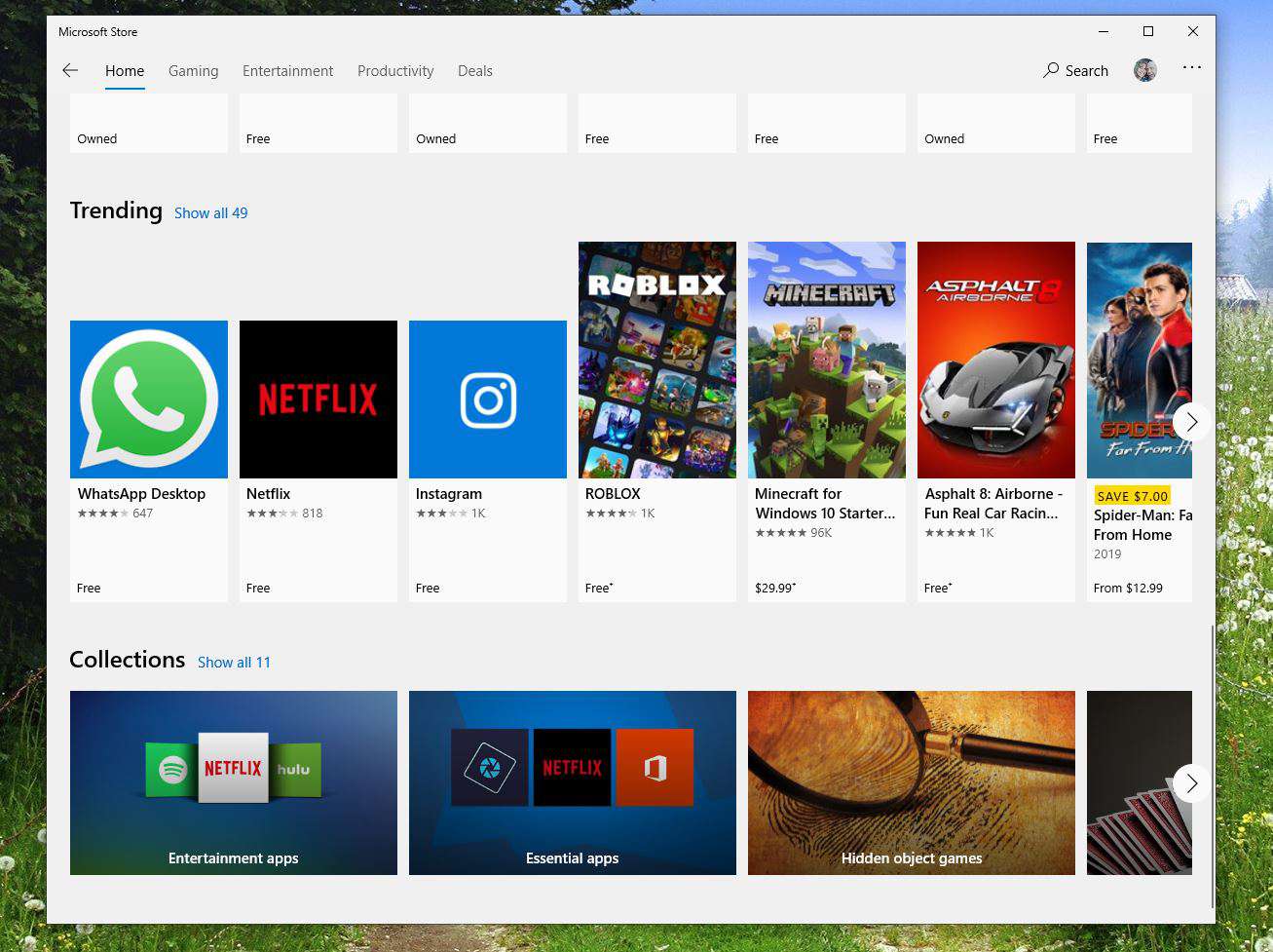 Captura de tela de tendências e coleções na Microsoft Store