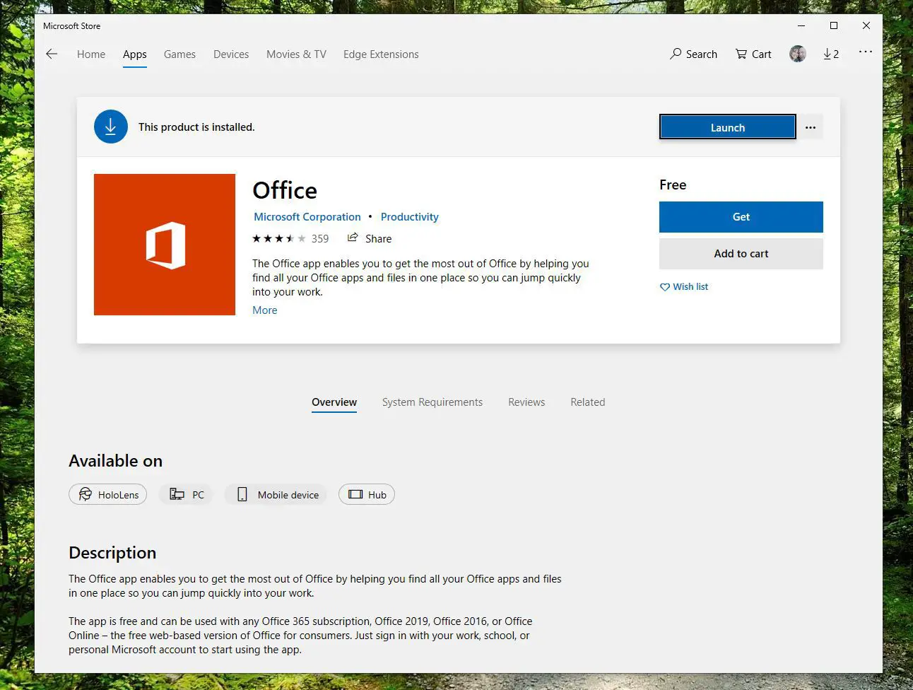 Captura de tela do botão Obter no aplicativo do Office na Microsoft Store