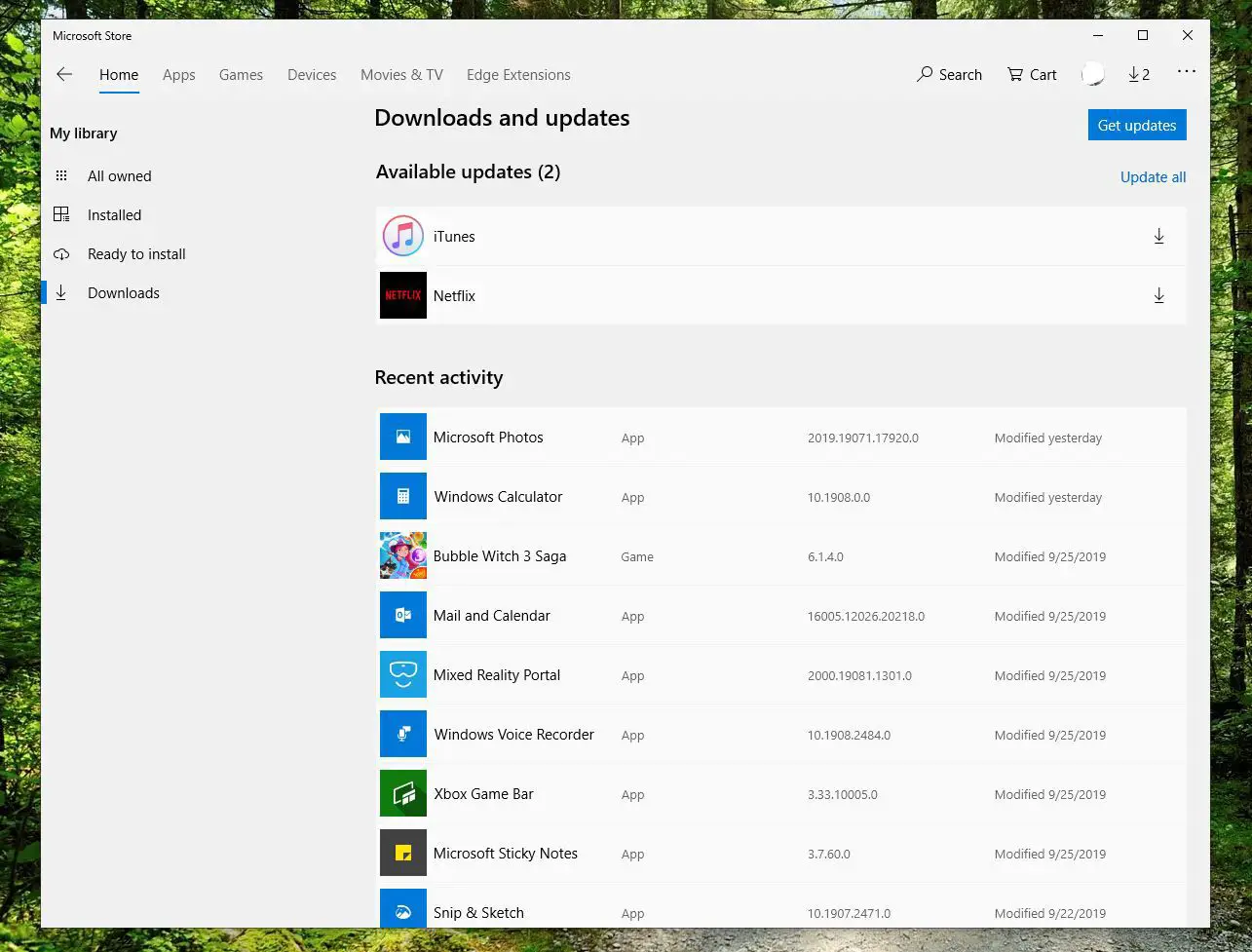 Captura de tela de downloads e atualizações na Microsoft Store