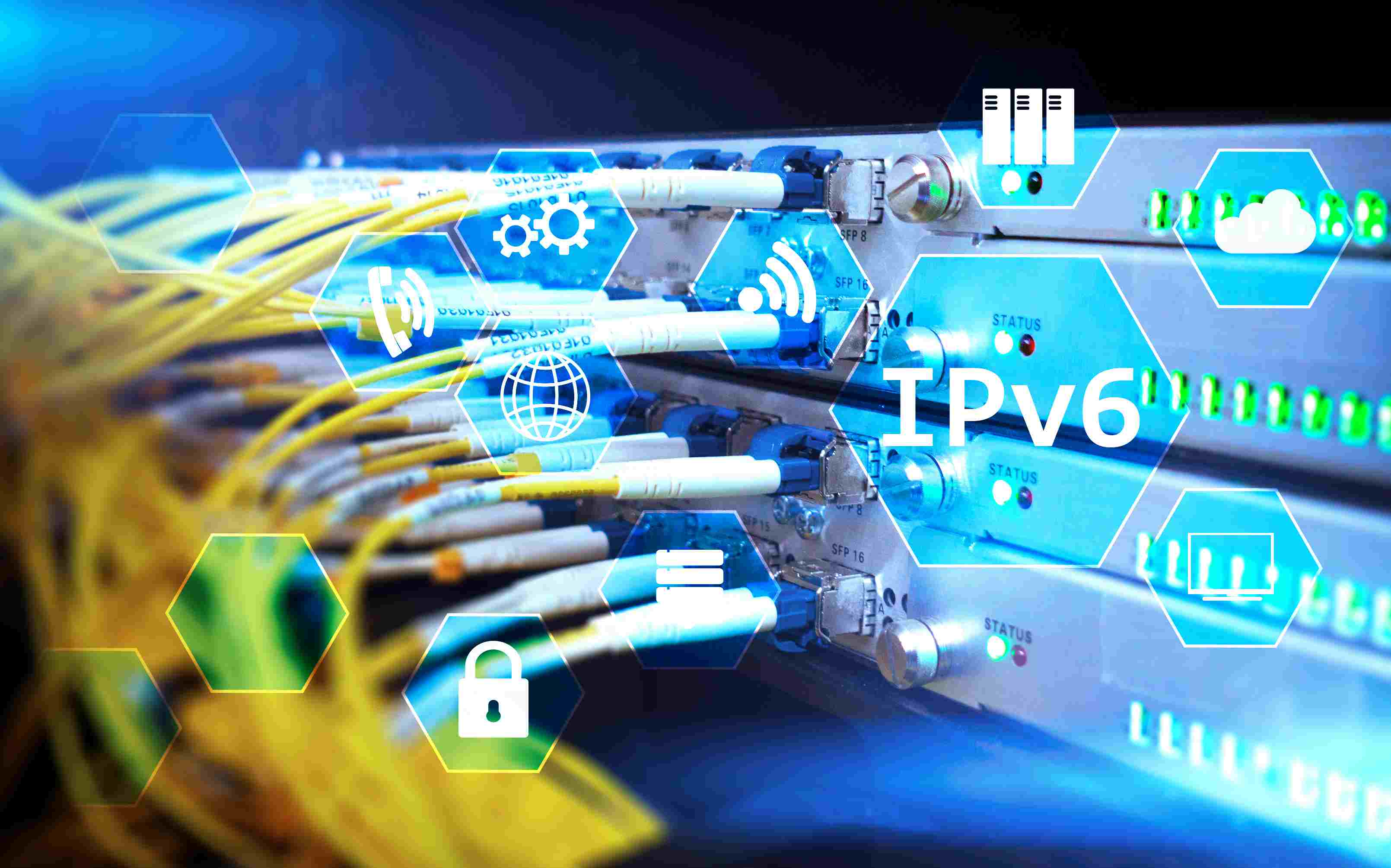 Cabos conectados a servidores com IPv6 sobreposto a ele