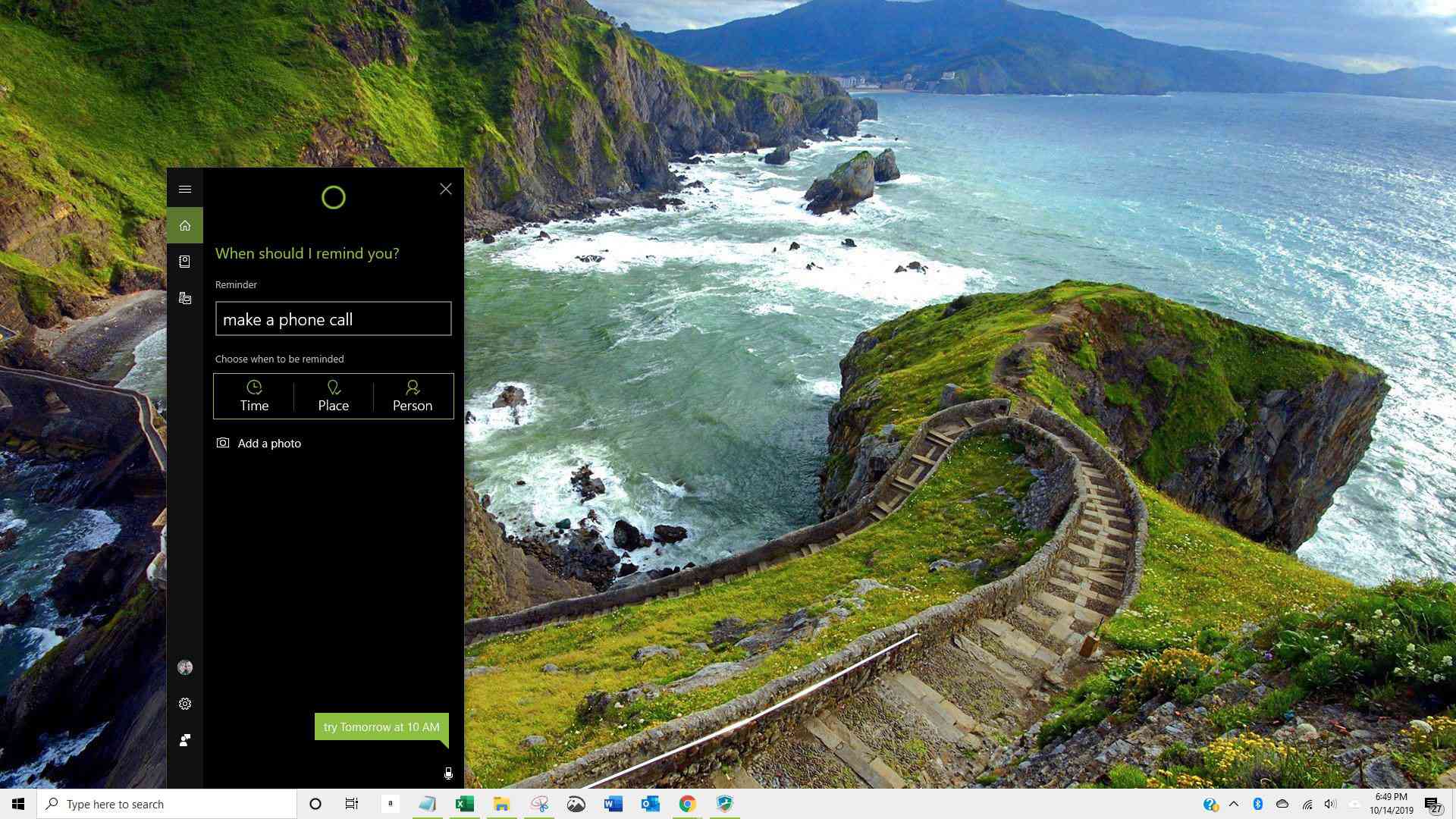 Captura de tela da Cortana criando um lembrete