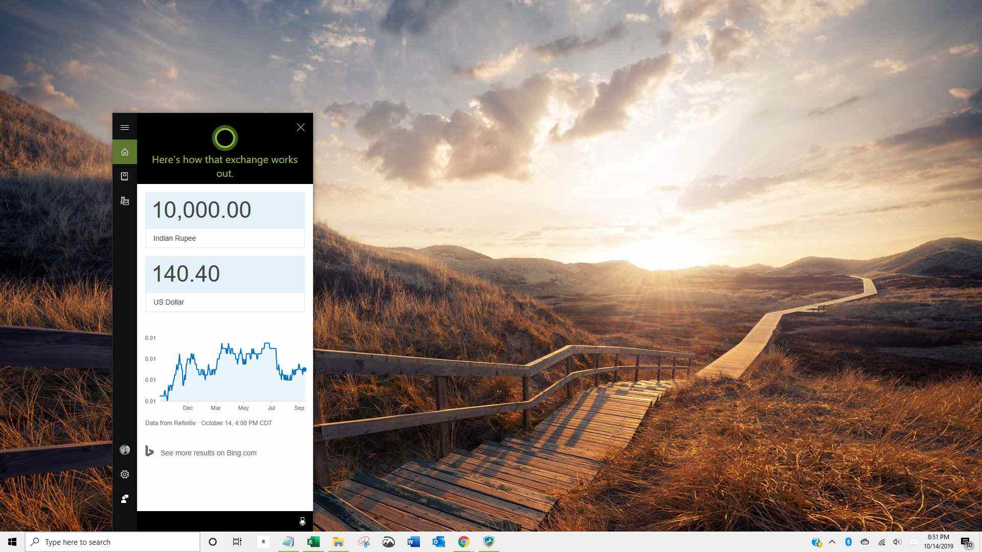 Captura de tela da conversão de moeda usando Cortana