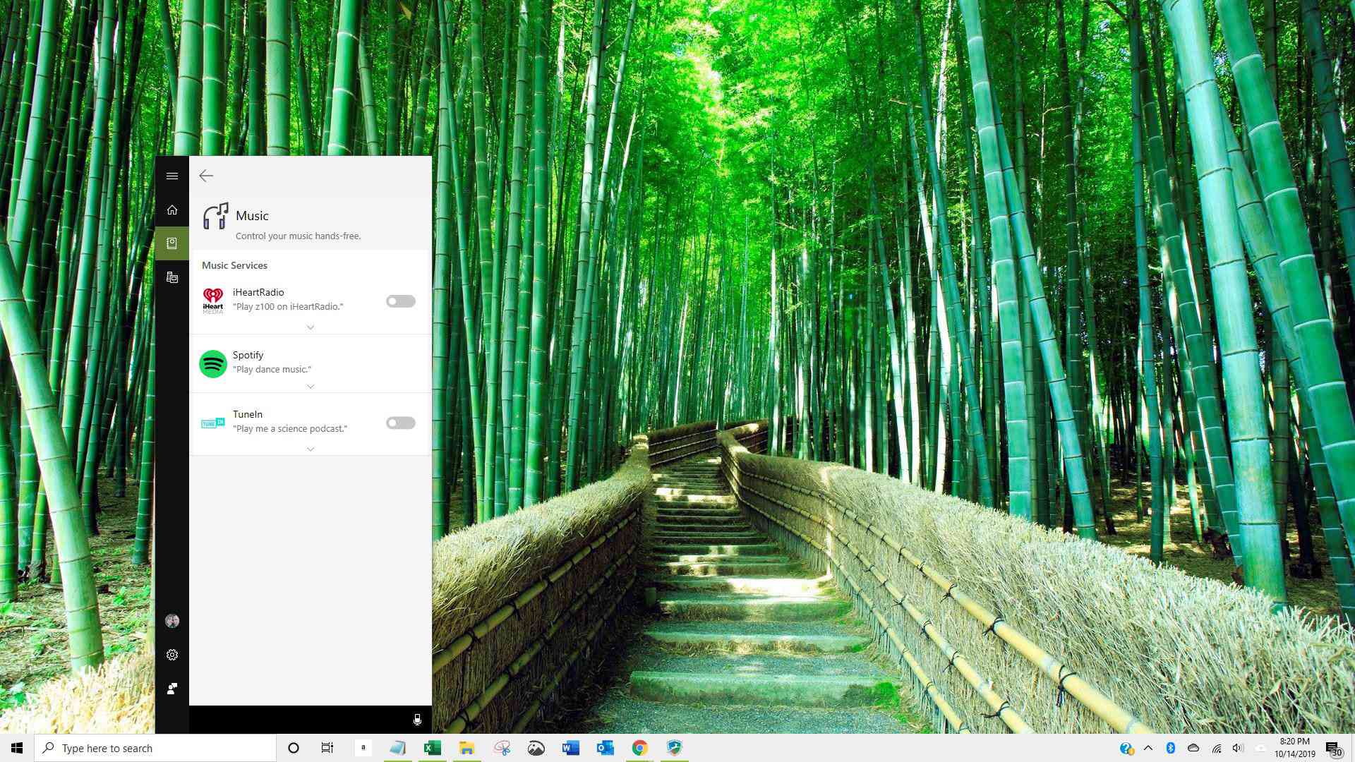 Captura de tela mostrando os serviços de música disponíveis na Cortana