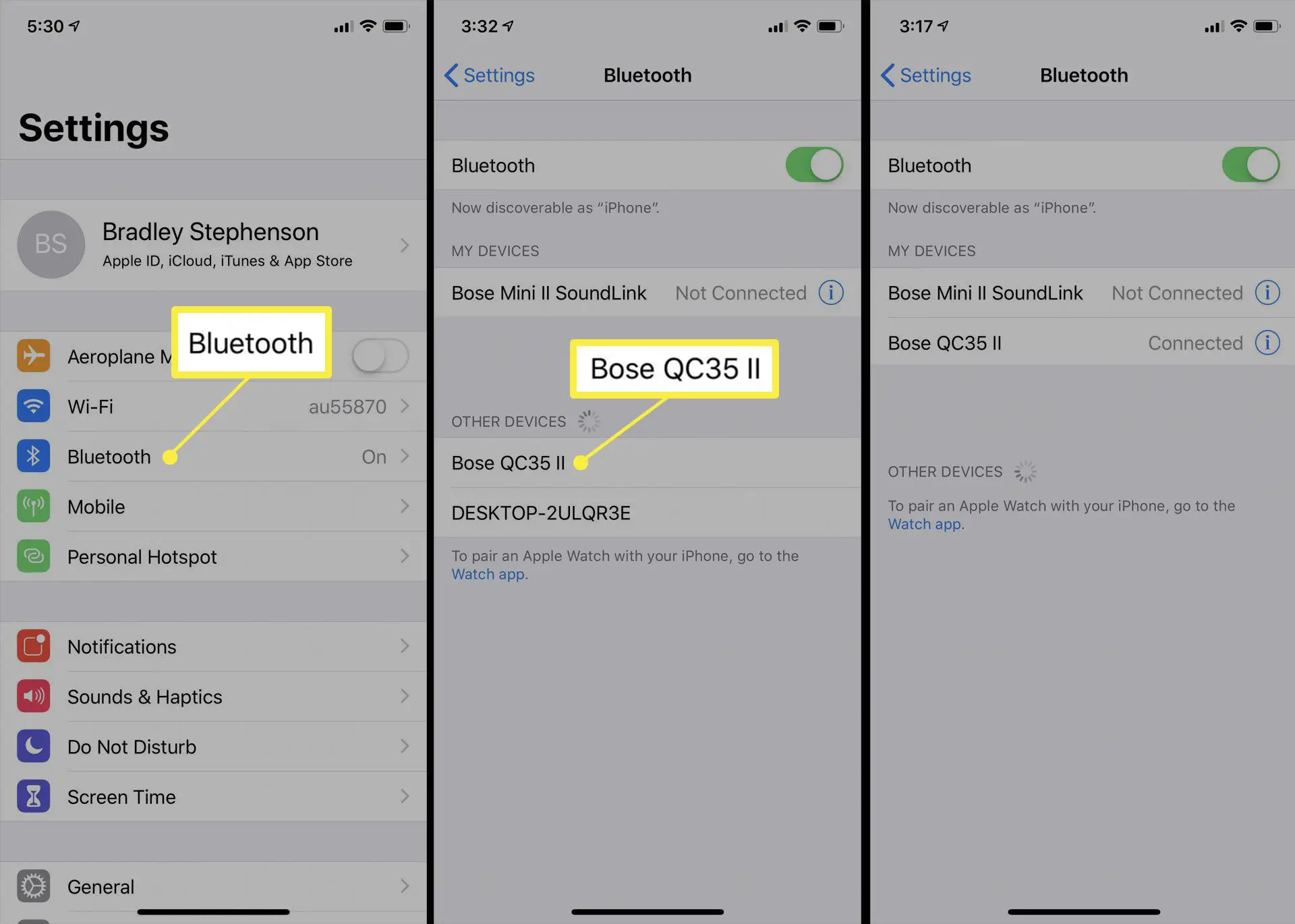 Configurações de Bluetooth do iOS.