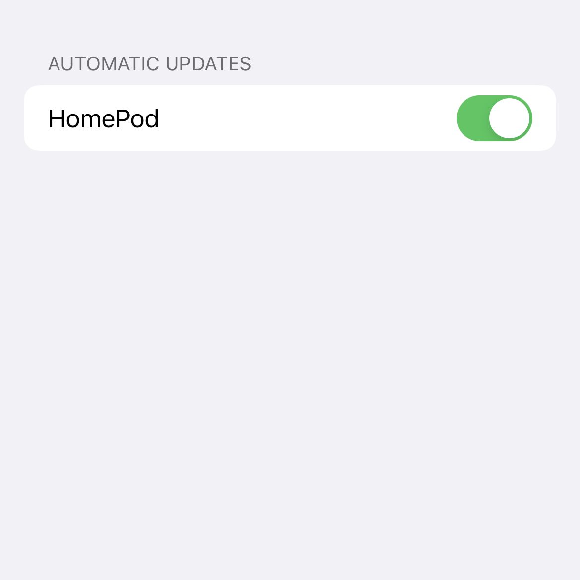 Captura de tela do aplicativo Home com a alternância de atualizações automáticas de software ativada