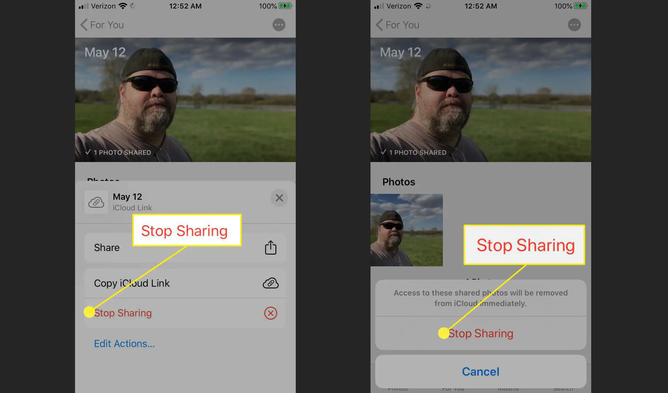A opção de parar compartilhamento para o compartilhamento de fotos do iCloud Link