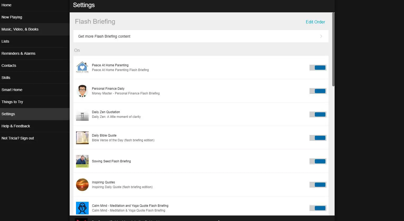 Captura de tela das configurações do Flash Briefing