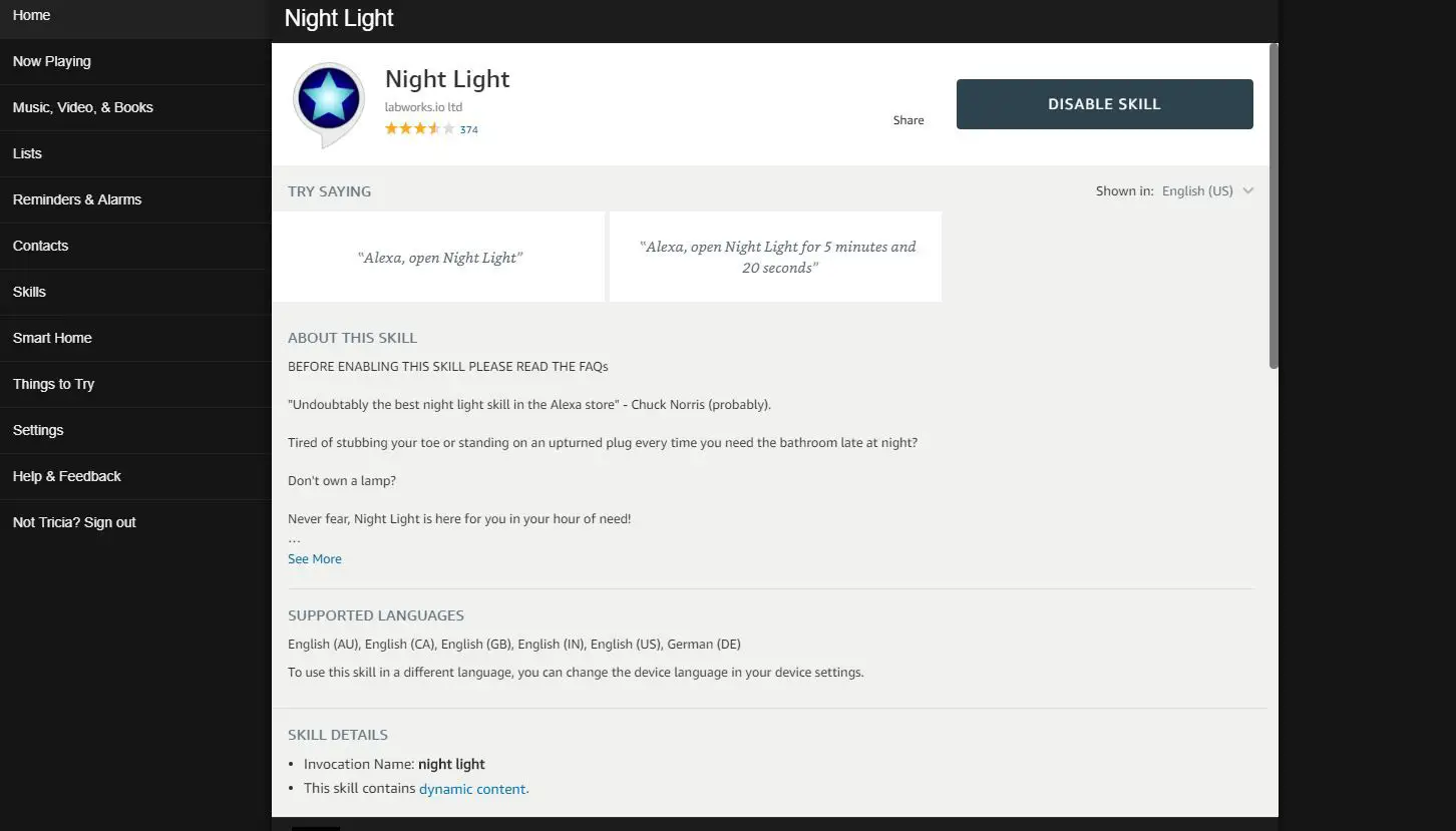 Captura de tela da habilidade Night Light