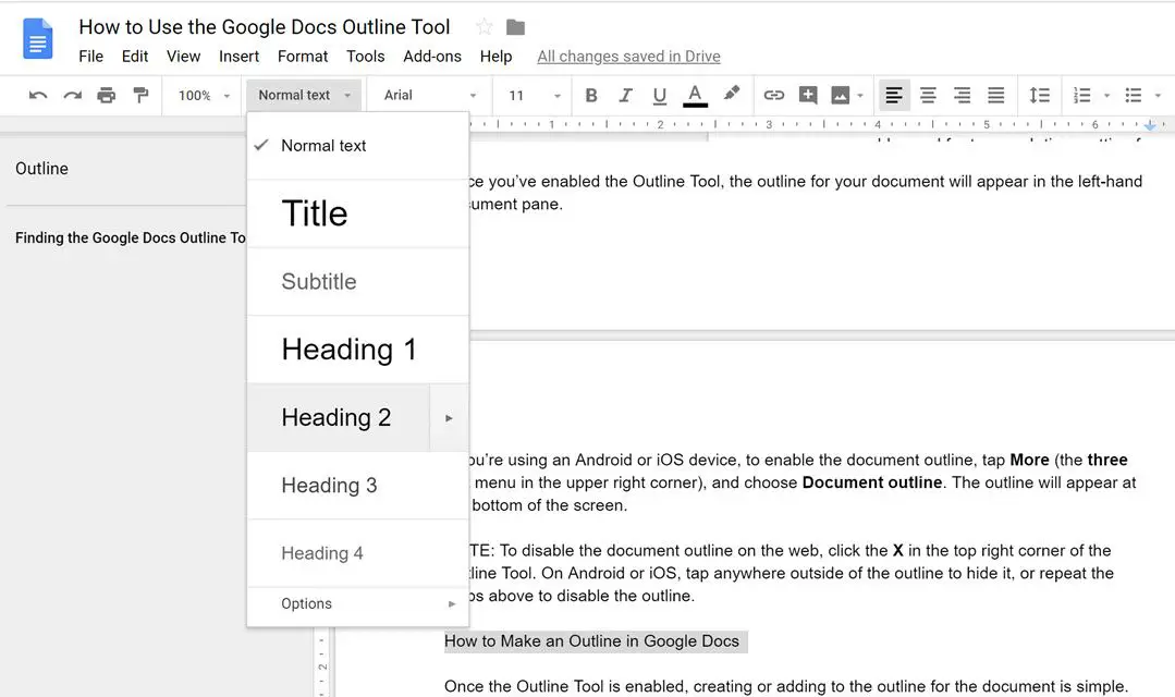 Google Docs ilustrando como adicionar títulos a um esboço de documento