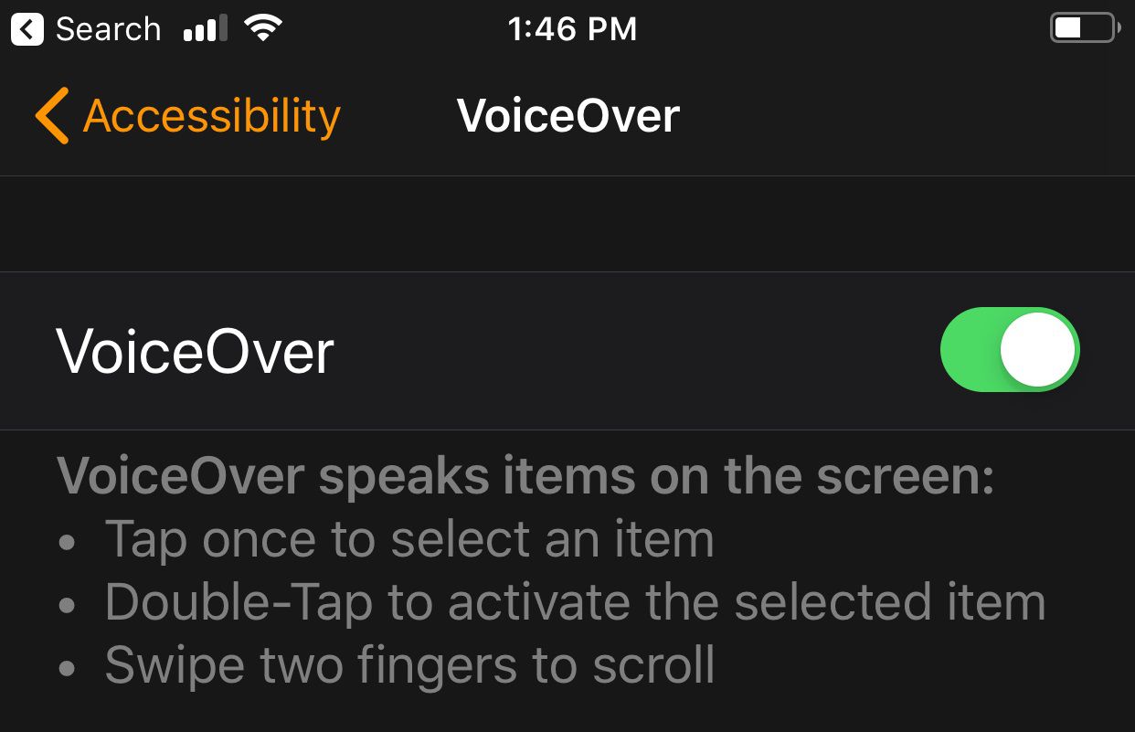 Uma captura de tela das configurações do VoiceOver para Apple Watch.