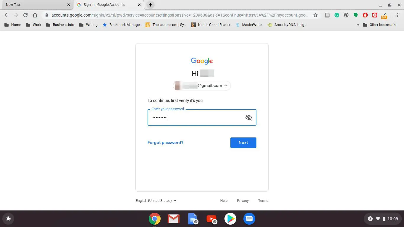 Inserindo a senha para verificar a conta no Google Chrome para Chromebook.
