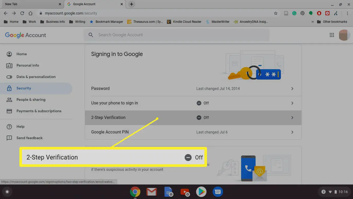 Seleção da verificação em duas etapas no Google Chrome para Chromebook