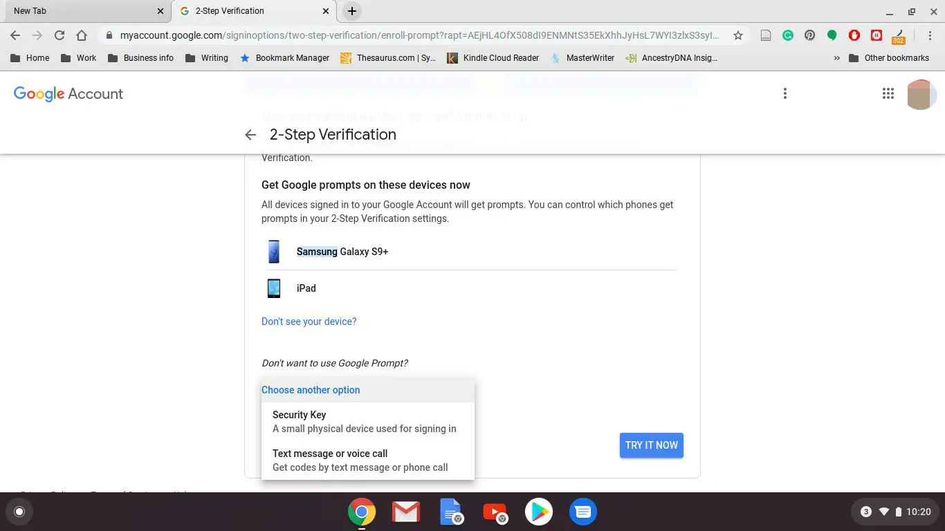 Seleção de um dispositivo para verificação em duas etapas no Google Chrome para Chromebook.