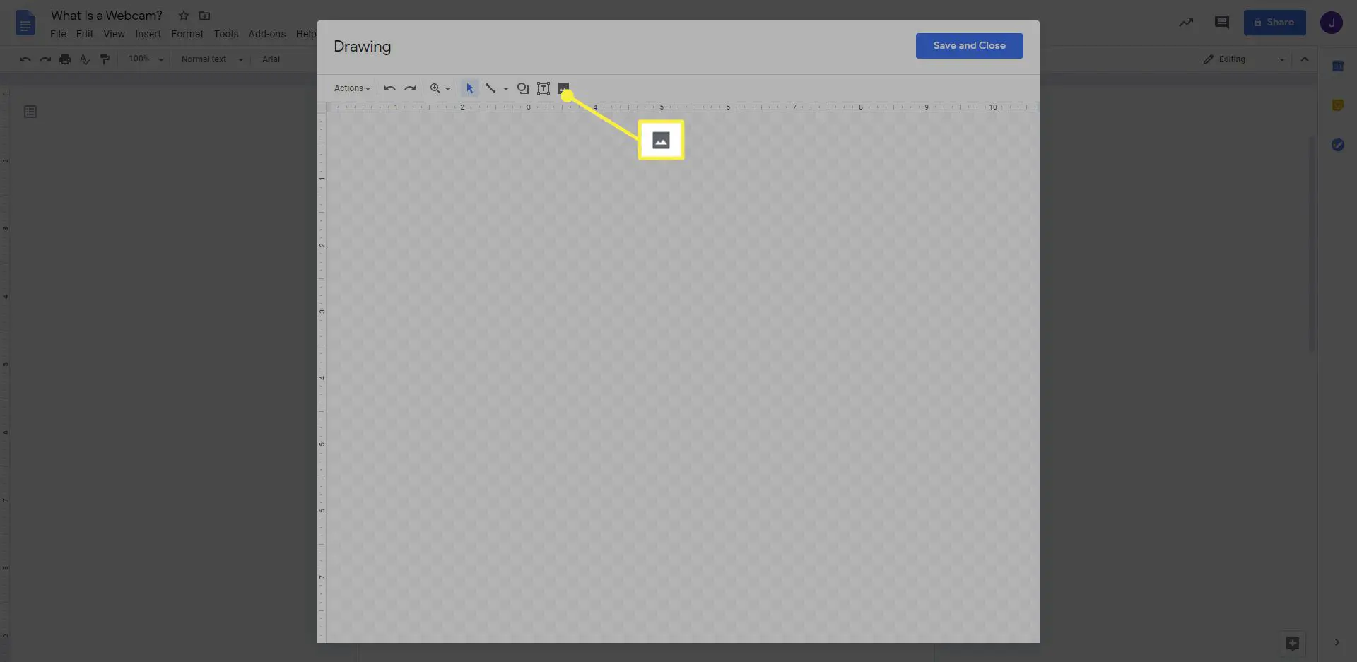 O ícone de imagem na caixa Desenho do Google Docs.