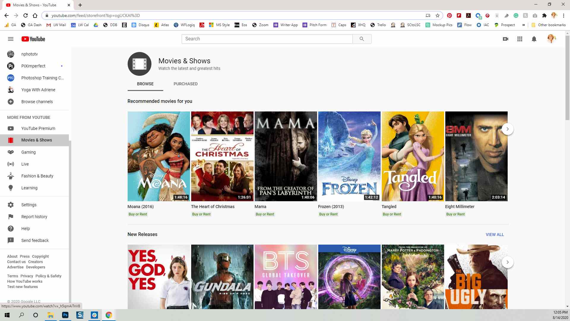 Página de filmes e programas pagos do YouTube no navegador Chrome
