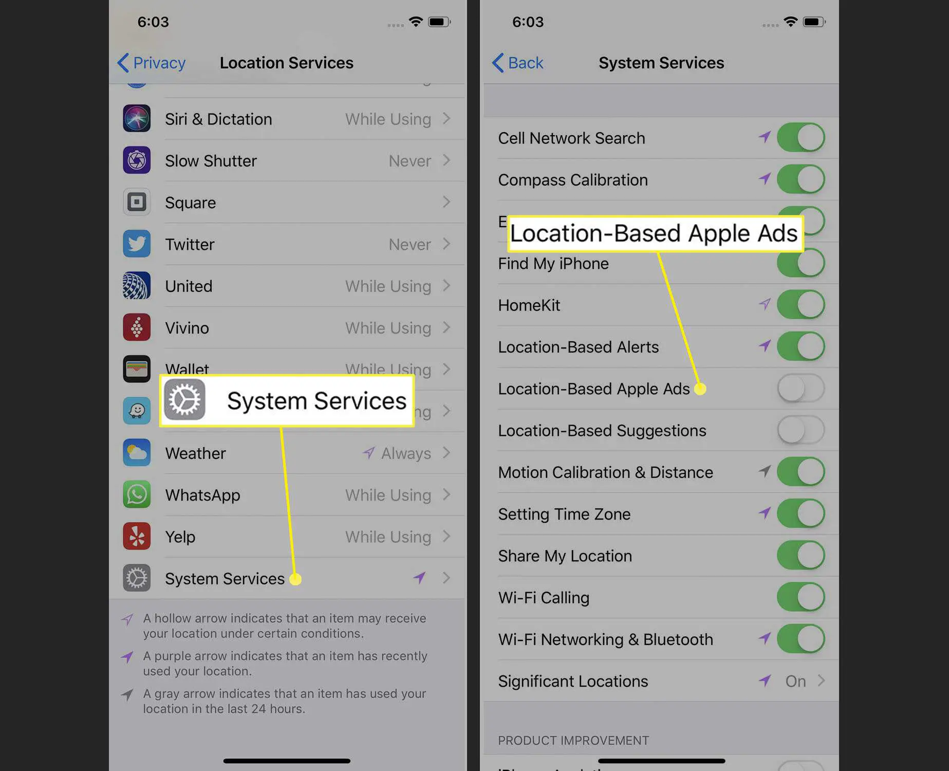 Captura de tela de limitação de anúncios de localização específica no iPhone