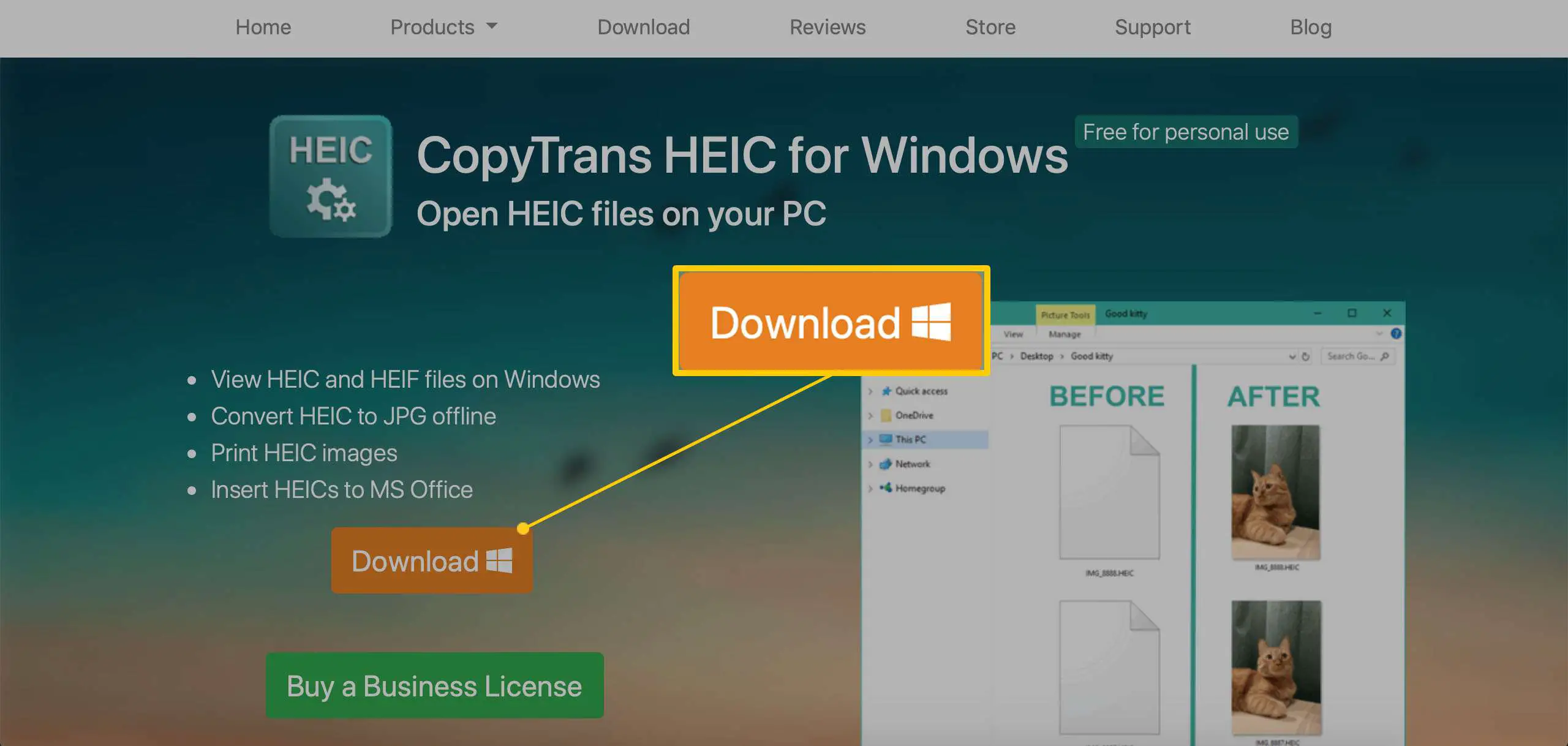 Uma janela do navegador exibindo o pacote de software CopyTrans HEIC para Windows