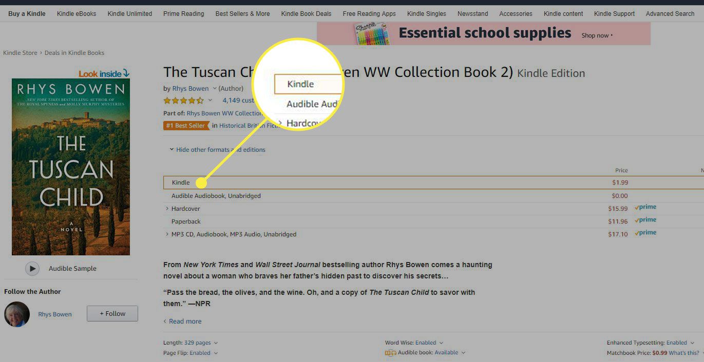 A opção Kindle para um livro na Amazon