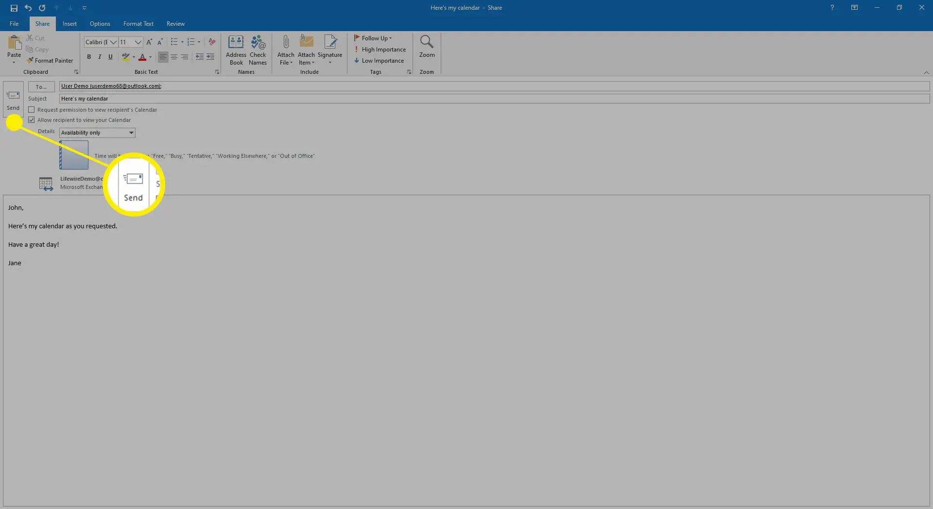 Inserindo uma mensagem para acompanhar o convite de compartilhamento de calendário no Outlook.