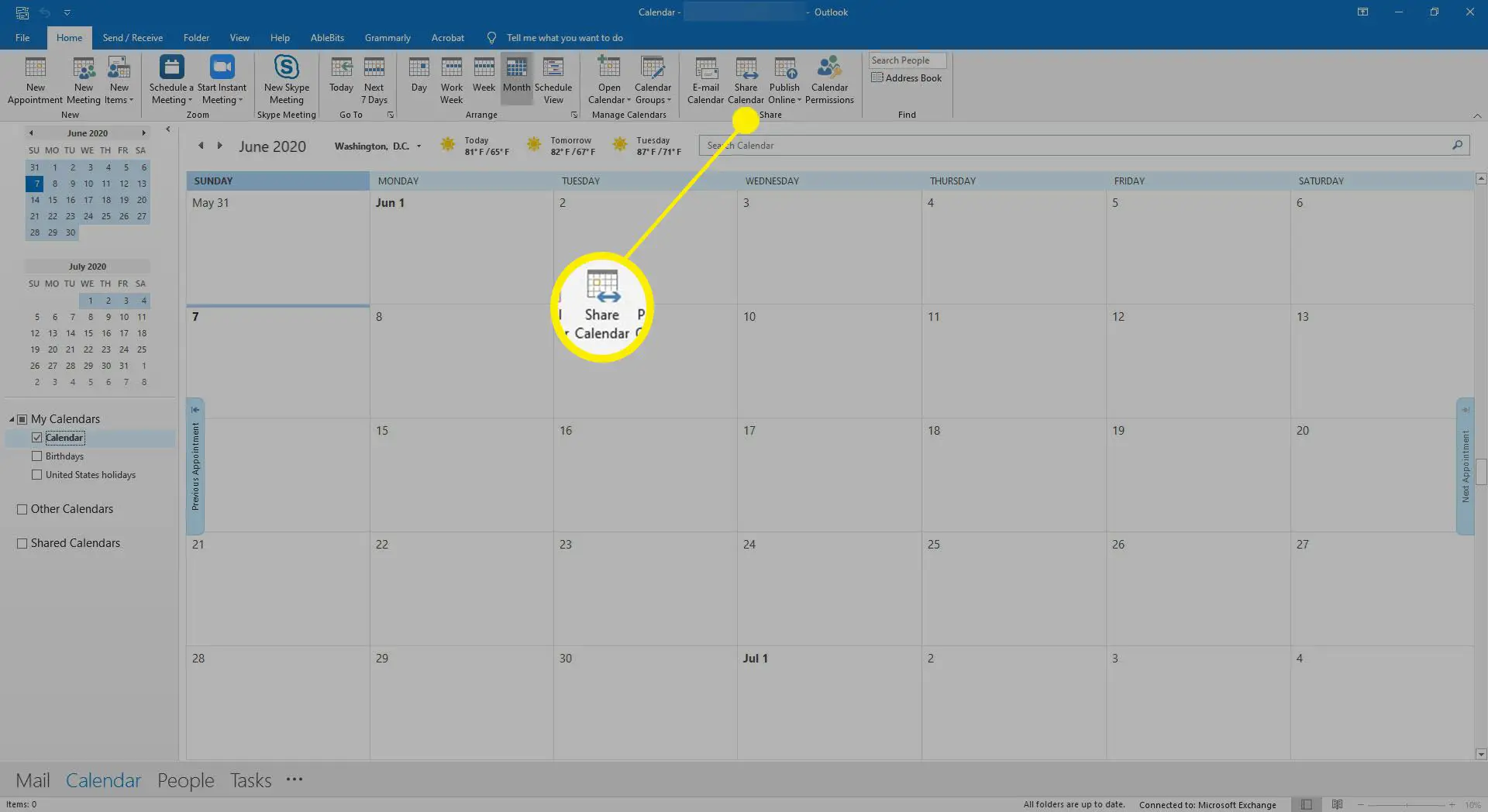 Selecionando a opção Compartilhar calendário no Outlook.