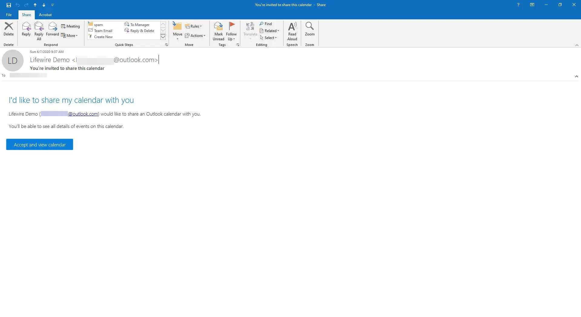 Um convite por e-mail para visualizar um calendário compartilhado do Outlook.com.