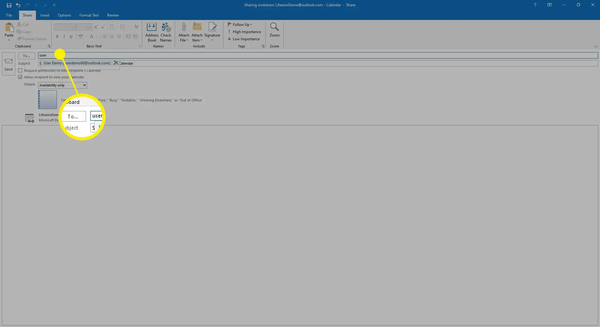 Um convite de e-mail para compartilhamento de calendário no Outlook.