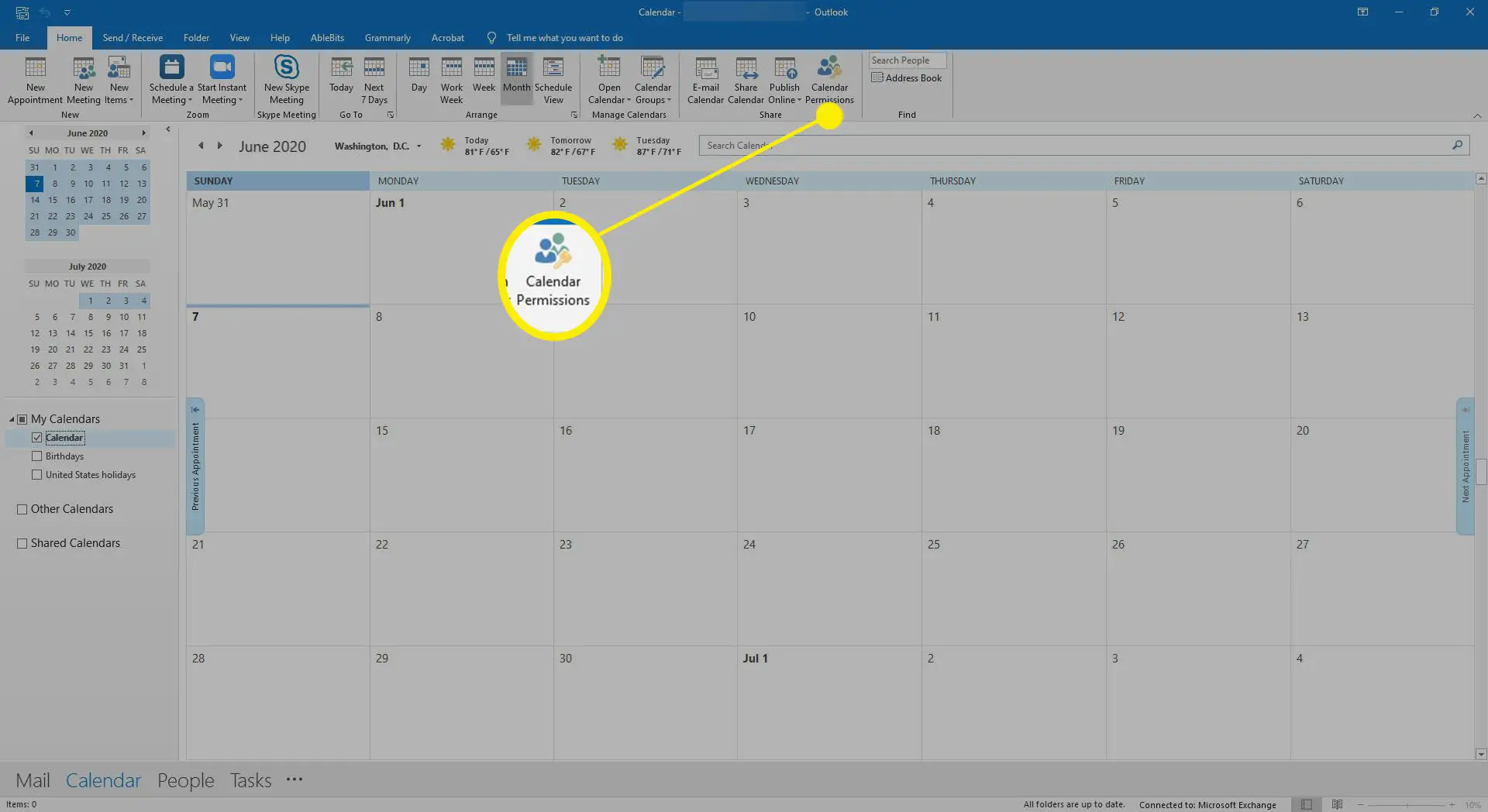 Seleção de permissões de calendário no Outlook.
