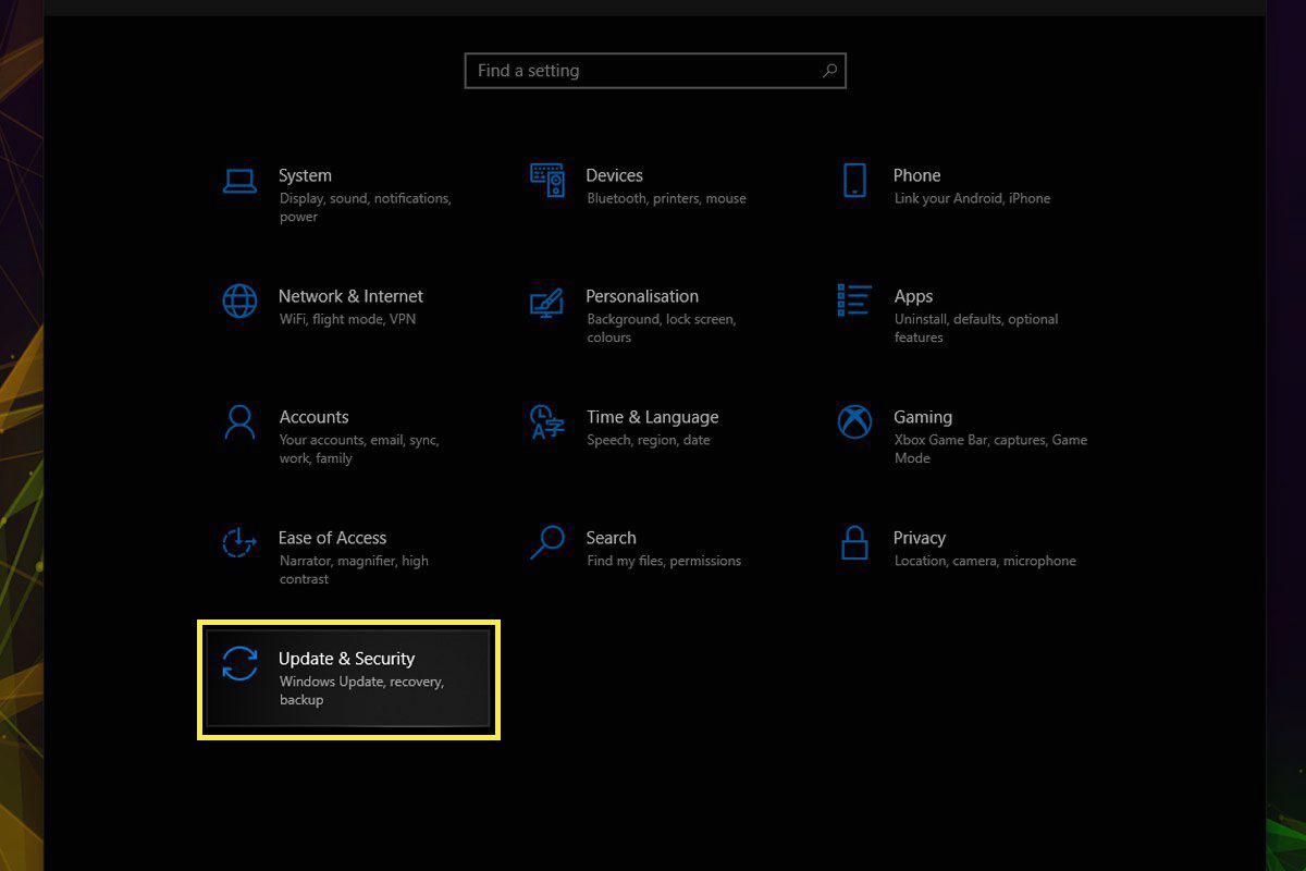 O painel de preferências de Atualização e Segurança em Configurações do Windows 10.
