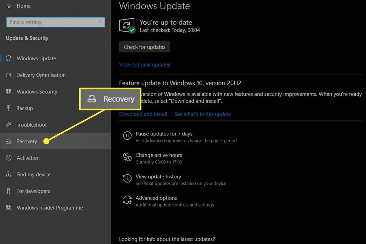 O painel de preferências de Recuperação em Atualização e Segurança no Windows 10.