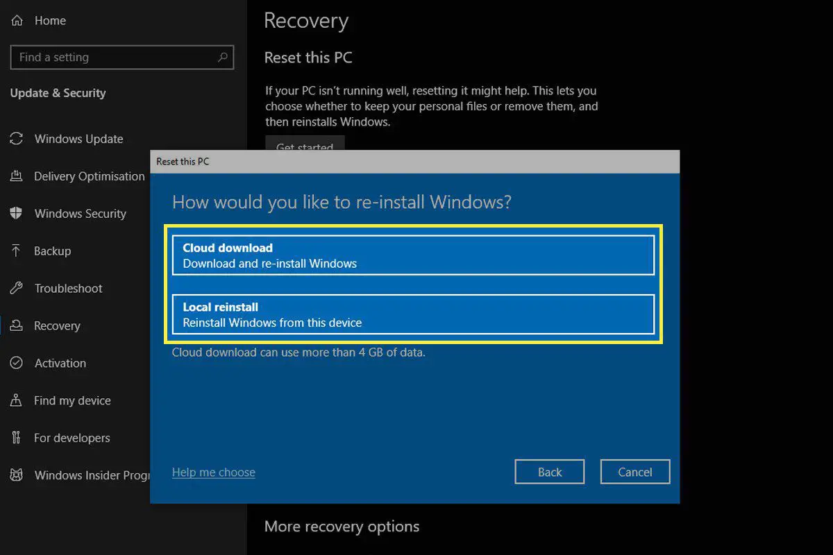 Opções para reinstalar o Windows no Windows 10.